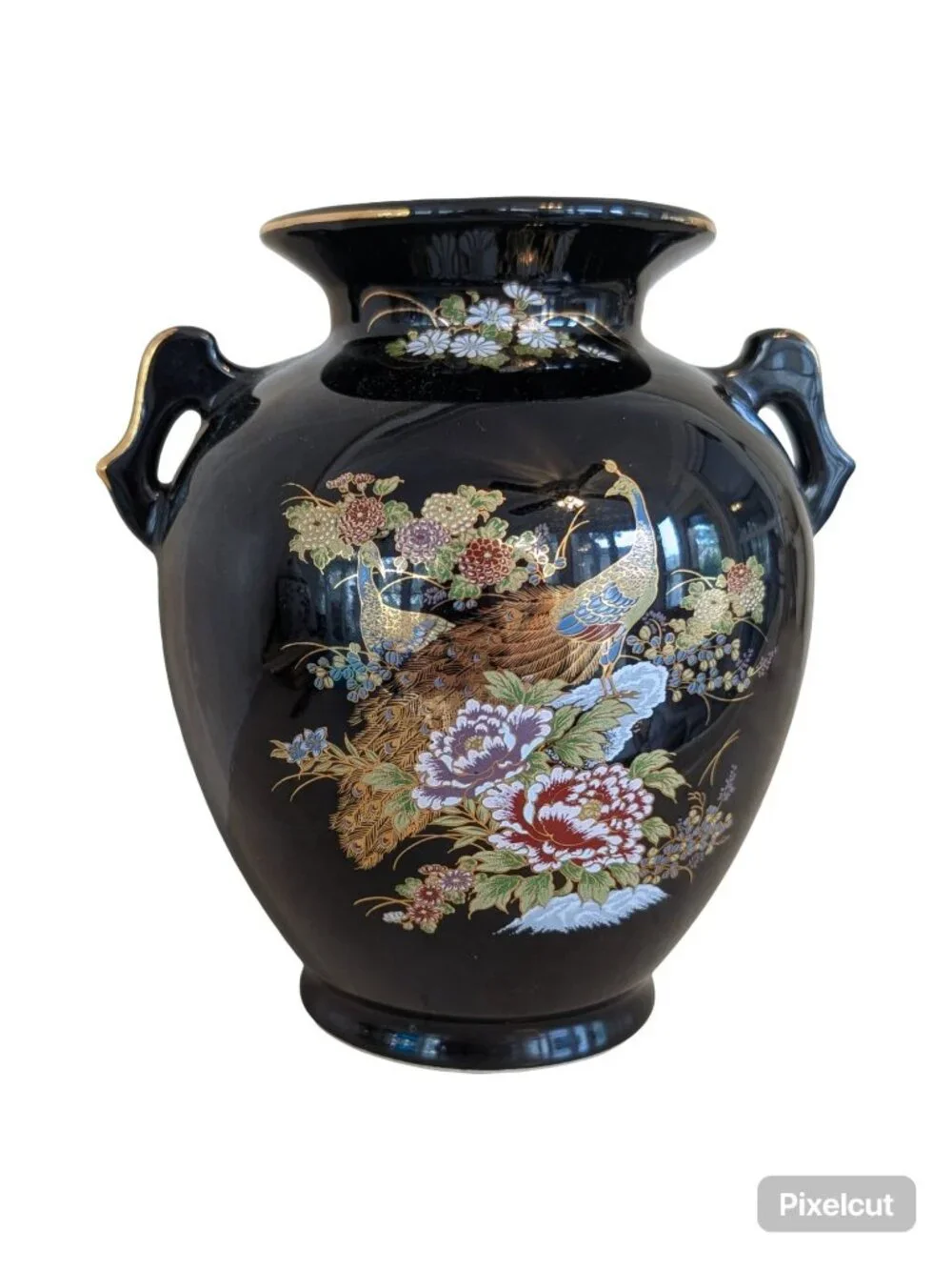 Vintage Japanese Porcelain Vase Peacock & Floral Design Gold Gilt MCM 6